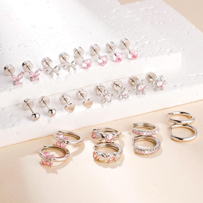 Hypoallergenic 14K Gold Stud Earrings Set for Women Surgical Stainless Steel Flat back Earrings Small Gold Huggie Hoop Earring for Sensitive Ears Screw Back Cartilage Piercing Jewelry