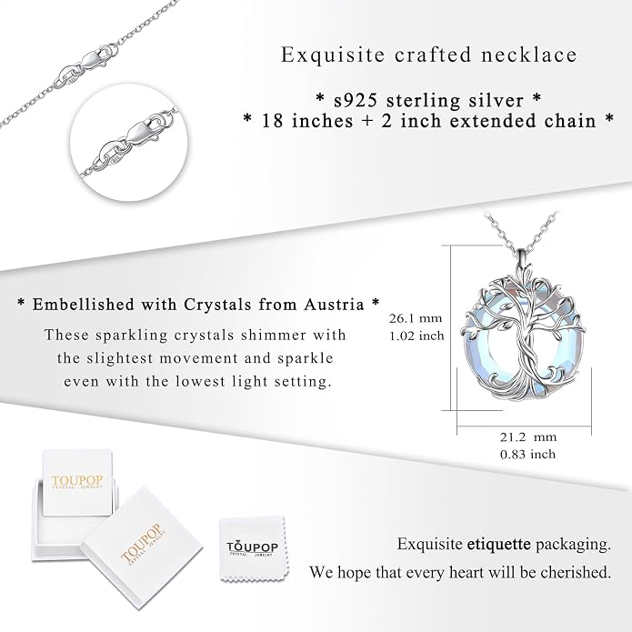 TOUPOP Tree of Life Necklace Gifts for Women 925 Sterling Silver Family Tree Pendant with Crystal Birthday Irish Jewelry Gifts for Women Her Wife Mom