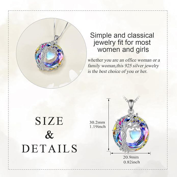 POPLYKE Mothers Day Gifts for Mom Her Wife Tree of Life Necklace 925 Sterling Silver Birthstone Pendant with Crystal Anniversary Birthday Wedding Jewelry for Women