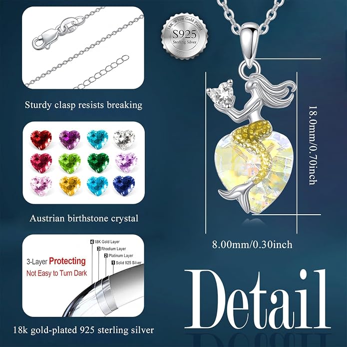 Mermaid Birthstone Necklace for Women 925 Sterling Silver Jewelry Austrian Crystal Pendant Christmas Gifts for Her