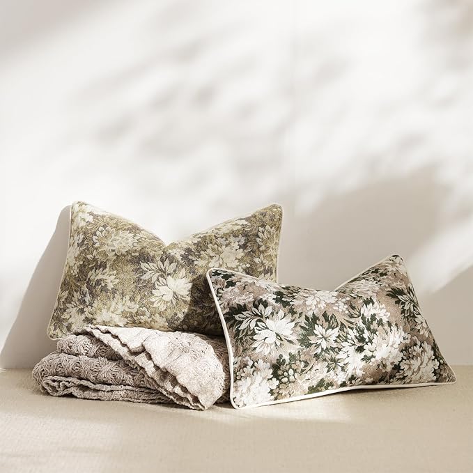 DEZENE Pack of 2 Vintage Floral Pillow Covers 12x20 Boho Farmhouse Accents Chenille Rectangular Lumbar Decorative Throw Pillow Cases for Living Room Couch Bed Home Decor, Beige