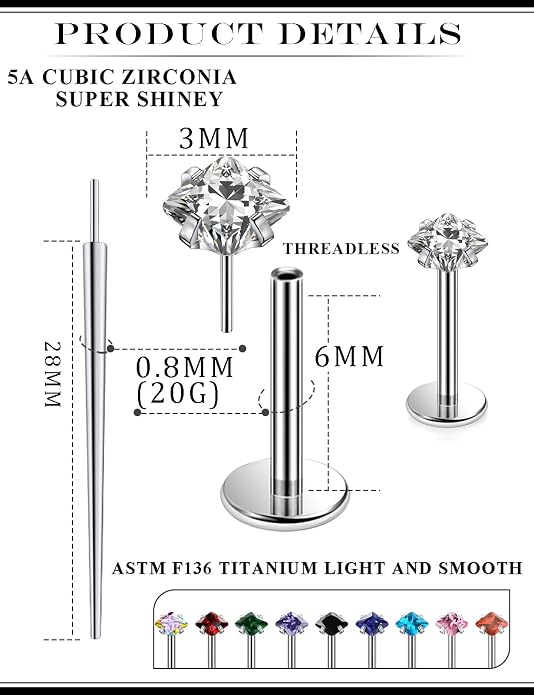 20G 18G 16G Astm F136 Titanium Threadless Flat Back Earrings Nose Studs Tragus Helix Conch Cartilage Lobe Earrings Medusa Labret Snake Bite Monroe Lip Ring Piercing Jewelry For Women Men