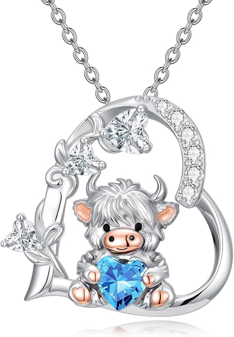 PELOVNY Teddy Bear Necklace for Women 925 Sterling Silver Bear/Highland Cow/Fox/Cat/Axolotl Birthstone Necklace Christmas Birthday Jewelry Gifts for Mom Daughter Wife Sister