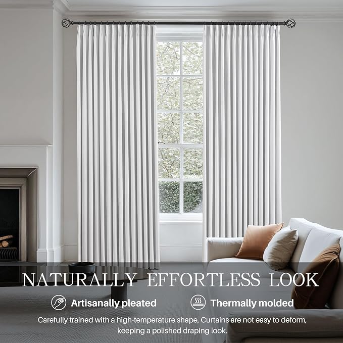 Pinch Pleated Curtains 100% Blackout Linen Curtains 108 Inches Long for Bedroom Living Room, White Memory Trained Thermal Insulated Room Darkening Window Pleat Drapes with Hooks, 2 Panels, 40"Wx108"L