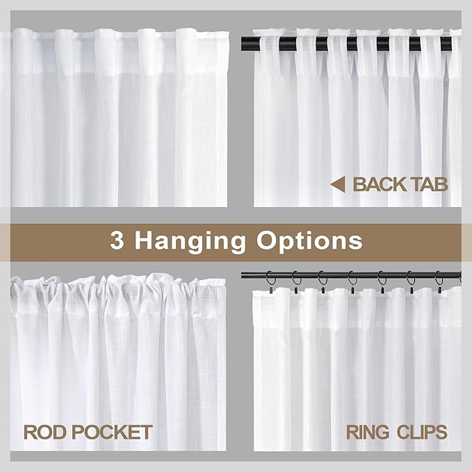 Pitalk White Living Room Curtains 105 Inch Length 2 Panels Set Back Tab Linen Sheer Curtains Extra Long Custom Farm House Lightweight Semi Privacy Light Filtering Curtain for Patio Sliding Glass Door