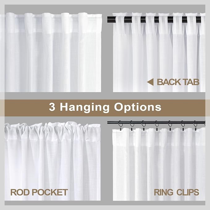 102 Inch Curtains White Linen Drapes for Bedroom 2 Panels Set Back Tab Loop Pocket Cotton Textured Lace Look Semi Sheer Light Filter Curtains for Living Room Bay Window Vintage Farmhouse Decor 52x102