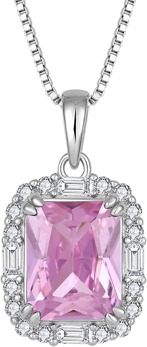 Princess Cut Necklaces for Women, 925 Sterling Silver Emerald Cut Birthstone Pendant Necklace Halo Square Rectangle Jewelry Gifts for Her