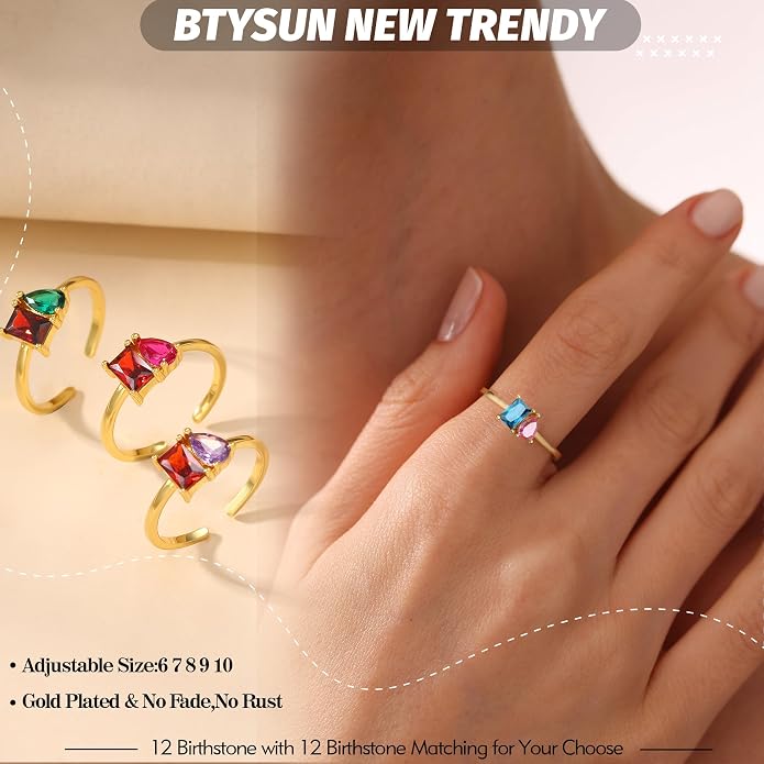 Birthstone Rings for Women, Non Tarnish Gold Rings 2026 Graduation Gifts Birthday Gift Trendy Teen Girl Stuff Dainty 14K Plated Adjustable CZ Stacking Promise Ring Anniversary Jewelry for Friend Sister Girlfriend Daughter
