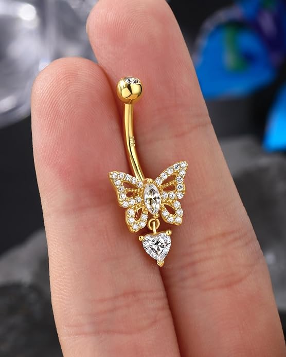 14K Gold Plated Belly Button Rings - 925 Sterling Silver Navel Rings for Women - 14G Belly Piercing Jewelry