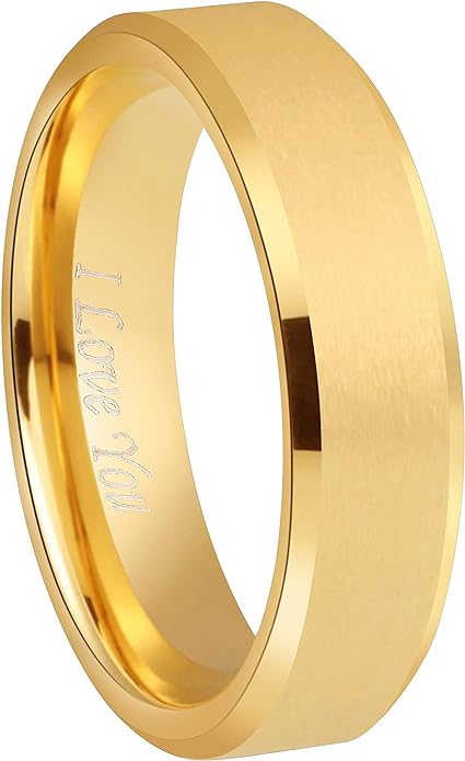 Crownal 4mm 6mm 8mm Black/Silver/Gunmetal/Gold Tungsten Wedding Couple Bands Rings Men Women Matte Brushed Finish Center Engraved "I Love You" Size 4 To 17