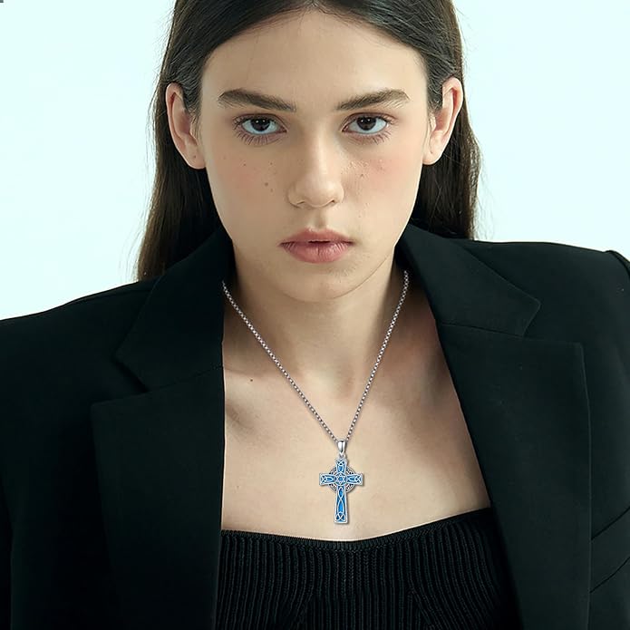 HPQQ Cross Necklace 925 Sterling Silver Turquoise Tree of Life Celtic Knot Cross Pendant Jewelry Mother's Day Gifts for Women