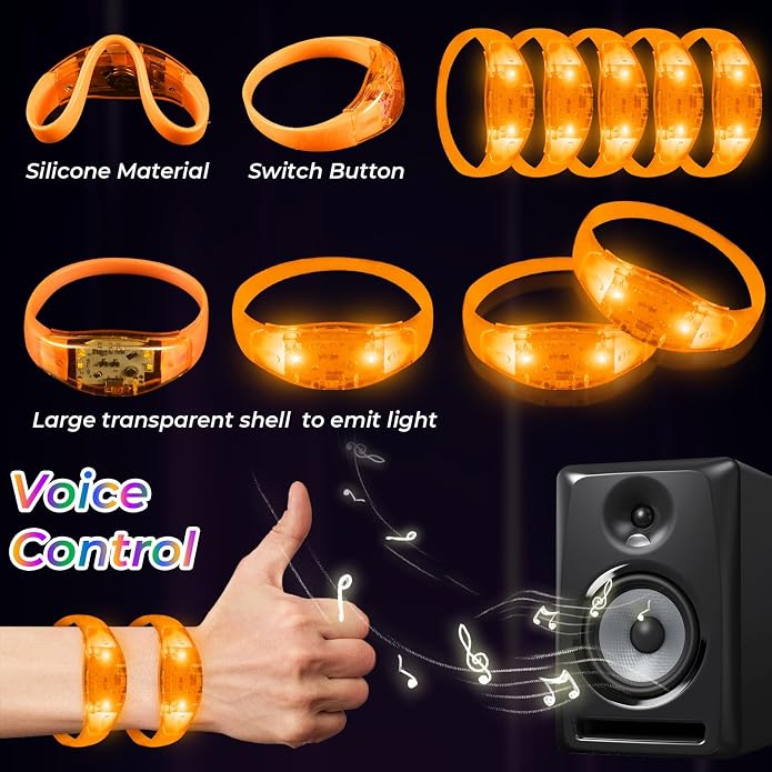 24 Pack Light UP Bracelets Sound Activated Flashing Wristbands Music Control Glow in the Dark Bracelets for Rave Game Prizes Carnival Concerts Night Events Mardi Gras Party Favors