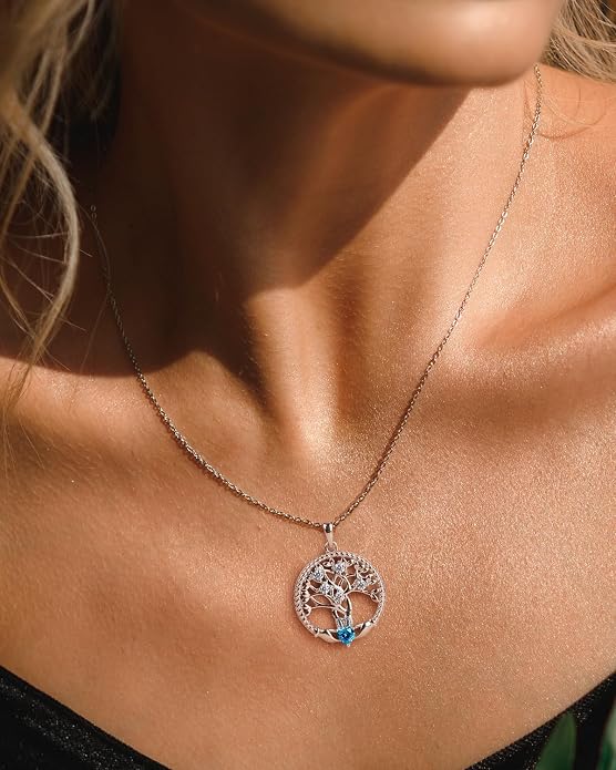 Birthstone Tree of Life Necklace for Women, 925 Sterling Silver Family Tree Pendant, Dainty Jewelry Birthday Mother's Day Valentine's Day Gifts for Her Mom Wife, 18"+2" Adjustable