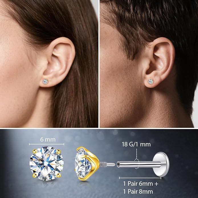 Limerencia Moissanite Internal Thread 18G Titanium Earrings, Hypoallergenic F136 Titanium Flat Back Piercing Studs, VVS1 Lab-created Moissanite Studs for Women Men Tragus Helix Cartilage Conch Labret