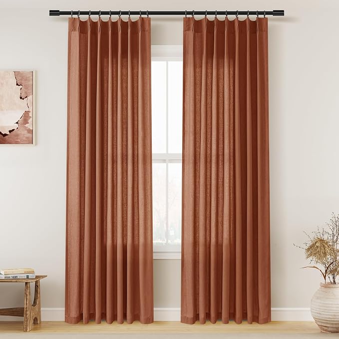 Aersas Terracotta Pinch Pleat Linen Curtains 84 Inch Length 2 Panels Set for Bedroom Dinging Room Semi Sheer Boho Farmhouse Neutral Window Curtains 84 Inches Long for Living Room Nursery 40x84