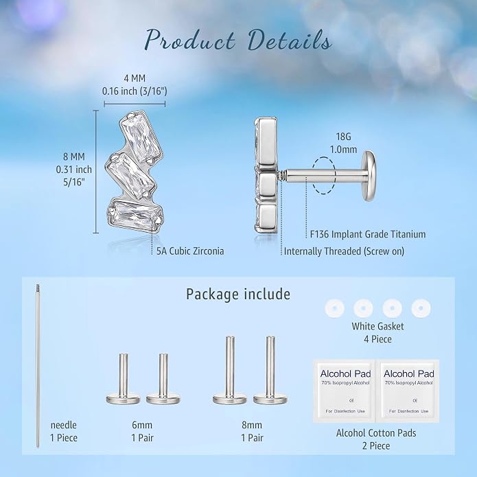 Limerencia 2Pcs 18g Titanium Internally Threaded Tragus Piercing Jewelry Nose Studs Flat Back Earrings Labret, Lip, Helix, Cartilage, Conch, Medusa Piercing for Women Men Sensitive Ears