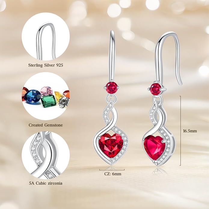 FANCIME Heart Infinity Dangle Drop Earrings 925 Sterling Silver Heart Gemstone Birthstone Earring