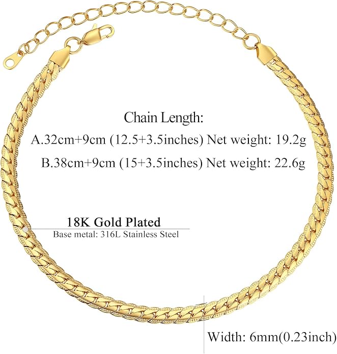 FindChic Black/14K Gold Plated Herringbone Choker Chain Necklace for Women | Waterproof Stainless Steel, Dainty Layering, Flat Snake Chain, Non-Tarnish, Hypoallergenic, Adjustable Extender, Gift Box