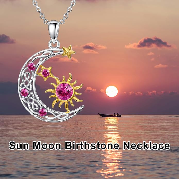 PELOVNY Sun and Moon Necklace for Women 925 Sterling Silver Sun Moon Star Birthstone Pendant Necklaces Birthday Christmas Jewelry Gifts for Mom Daughter Wife Sister