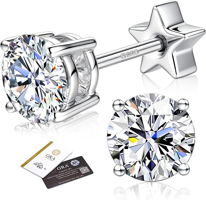 Moissanite Earrings Studs - 925 Sterling Silver Earrings for Women Men 14K Gold Plated Double Sided Star Flat Back Stud Earring Hypoallergenic Small Cartilage Helix Piercing Jewelry D Color VVS1