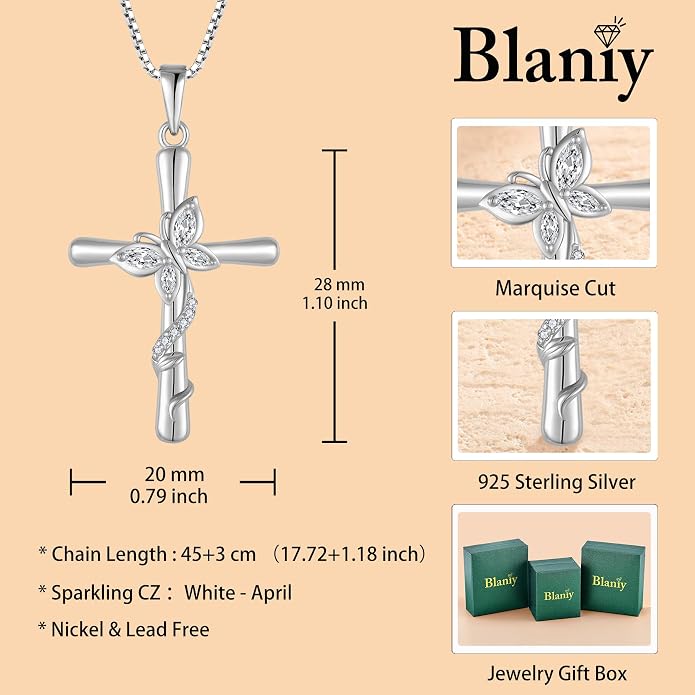 Cross Necklace for Women 925 Sterling Silver Butterfly Necklace Birthstone Pendant Created Gemstone Jewelry Gifts for Women