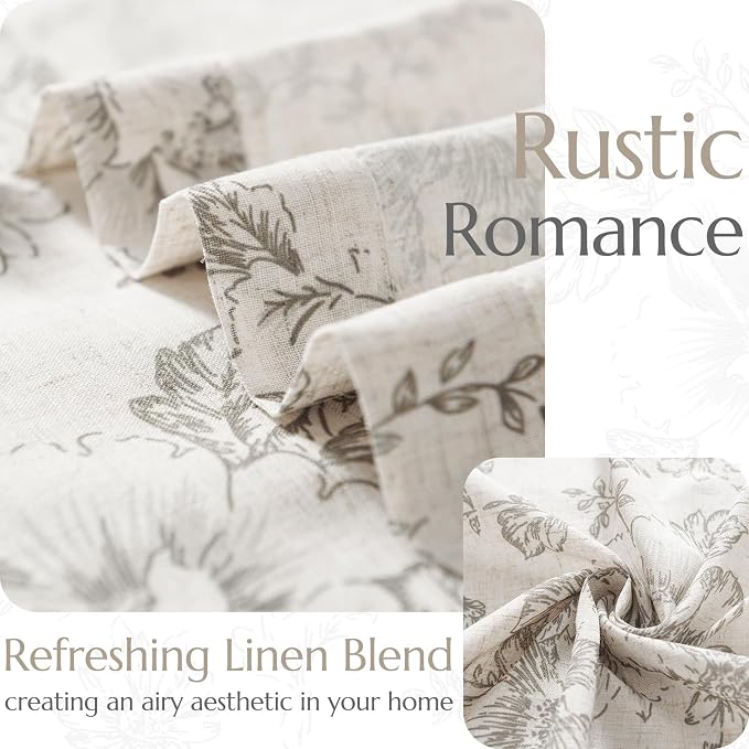jinchan Grey Floral Linen Curtains 84 Inch Farmhouse Back Tab 2 Panels | Light filtering drapes, semi sheer, farmhouse, cottagecore, rustic, living room, bedroom, rod pocket, window treatment