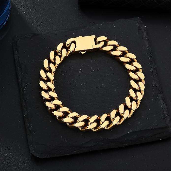Stainless Steel Cuban Link Bracelet for Men - Gold/Silver Plated Miami Curb Chains Bracelet - Cuban Hand Chain Wrist Bracelet Hip Hop Jewelry, 9mm/11mm Width, 7.5"/8.3"/9"
