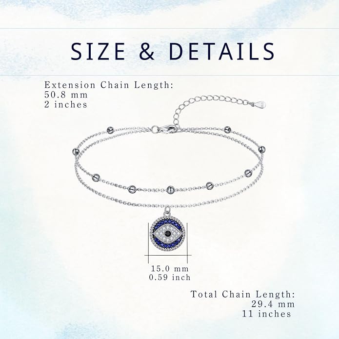 Blue Evil Eye Anklet Greek Evil Eye Anklet Bracelet Adjustable Ojo Turco Kabbalah Amulet Nazar Layered Silver Ankle Bracelets Protection Jewelry Amulet Gift for Wife Mother Sister Birthday
