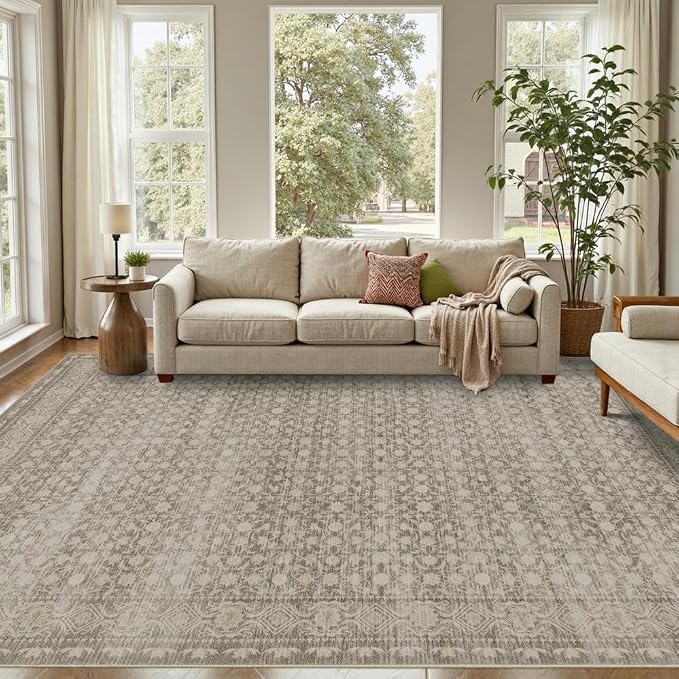 8x10 Washable Area Rug for Living Room, Extra Large Neutral Vintage Boho Rugs for Dining Room, Kids Room, Farmhouse, Durable Low Pile Non Slip Carpet for High Traffic Areas, Apricot