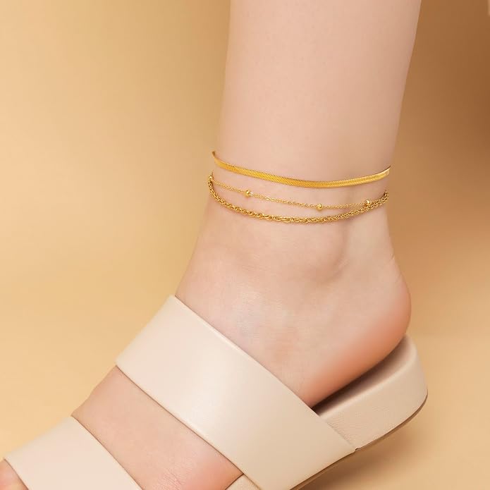 Amberta Silver Gold Waterproof Ankle Bracelets for Women | Boho Layered Anklets for Women | Summer Jewelry, Adjustable Ankle Chain Beaded Rope Heart