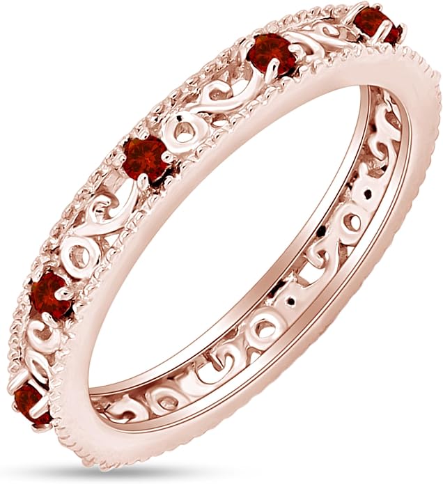 Jewel Zone US Filigree Eternity Wedding Band Ring for Women, Round Cut Simulated Gemstone Stackable Promise Ring in 14K Gold Plated 925 Sterling Silver Band Width 3.5mm – Elegant Jewelry for Her