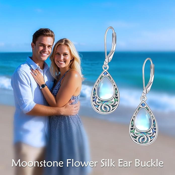 POPLYKE Filigree Moonstone Dangle Earrings 925 Sterling Sliver Teardrop Celtic Earrings Abalone Shell Filigree Jewelry for Women