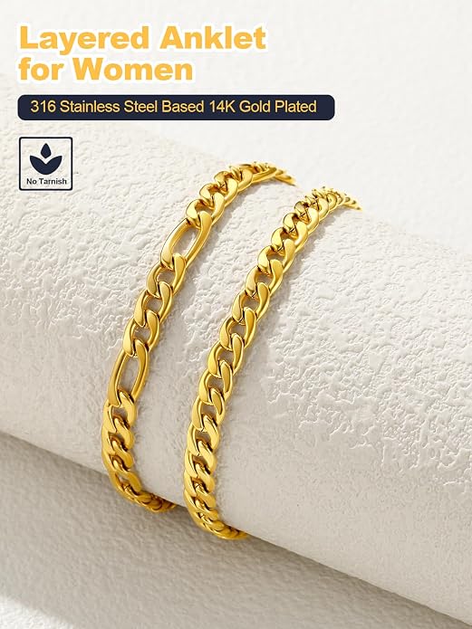 U7 2Pcs/3Pcs Ankle Bracelets for Women, Stainless Steel Cuban Link/Figaro/Rope/Heart Chain Anklets Sets,Waterproof Layered Anklets Adjustable 8.5"-10.5"