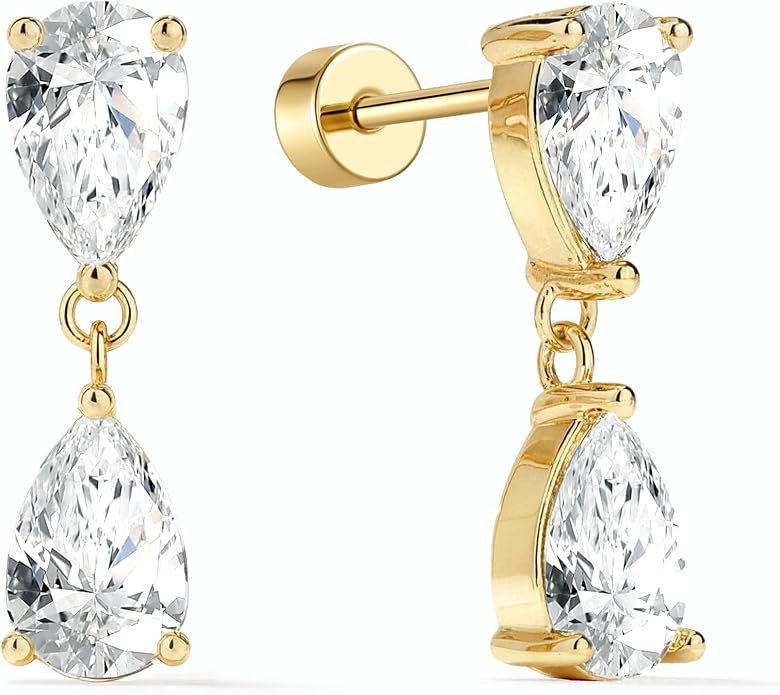 ASHINE 14K Gold Plated Dangle Flat Back Earrings | Sterling Silver Posts Dainty Double Stone Multi-Shape Earring | Tragus Cartilage Piercing Jewelry for Women