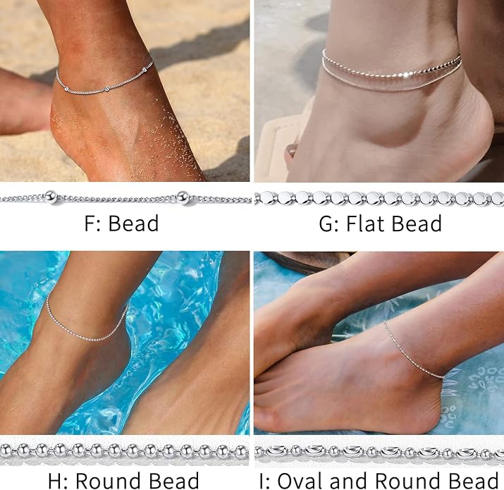 ChicSilver 925 Sterling Silver Ankle Bracelet for Women, Simple Cuban Link/Figaro/Twist Rope Chain Anklets for Beach Party(with Gift Box)
