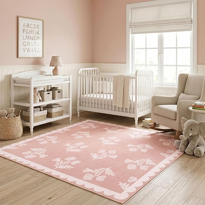 Pink Square Rugs 6ft - Soft Washable Boho Floral Girls Bedroom Rug 6x6 Stain Resistant Scalloped Dining Room Rugs for Under Table Cute Preppy Area Rug for Living Room Nursery Kids Room Carpet