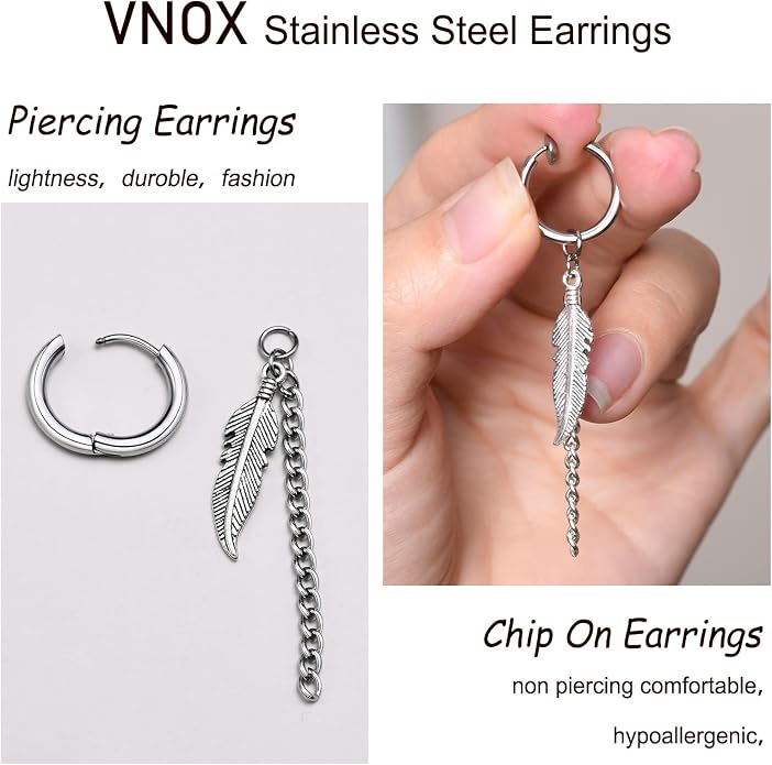 VNOX Unisex Vinatge Stainless Clip On Earrings Non Piercing Feather Charm Dangle Hinged Stud Earrings for Men Women Teen