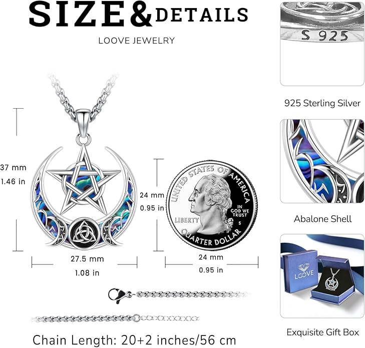 Pentagram Necklace Sterling Silver Triple Moon Goddess/Celtic Knot Witches Knot/Ankh/Sun and Moon/Hecate/Lilith/Santa Muerte/Tetragrammaton Pendant Necklace Pagan Wiccan Magic Egyptian Amulet Jewelry for Women Men