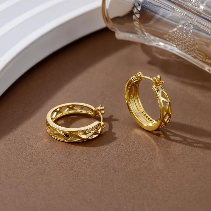 14K Gold Geometric Hoop Earrings for Women 20mm Chunky Gold Hoops Hypoallergenic Faceted Huggie Earrings Jewelry Gift