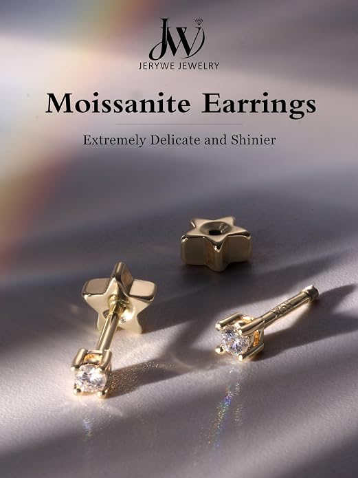 Moissanite Earrings Studs - 925 Sterling Silver Earrings for Women Men 14K Gold Plated Double Sided Star Flat Back Stud Earring Hypoallergenic Small Cartilage Helix Piercing Jewelry D Color VVS1