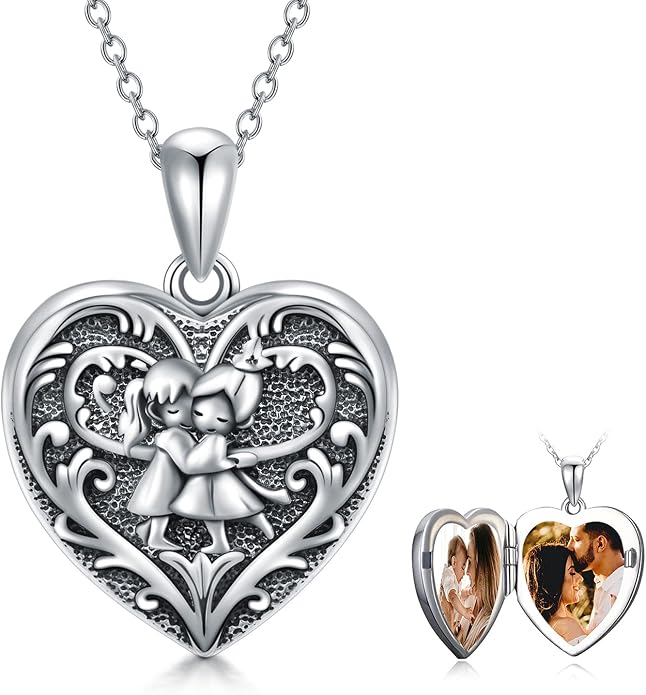 SOULMEET Personalized Silver Locket Necklace That Holds Pictures Photo Keep Someone Near to You, Memorial Custom Lockets Necklaces Letters Engraving for His Her