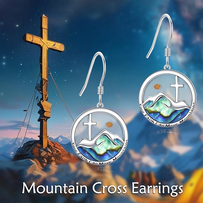 AOBOCO Mustard Seed Earrings for Women Sterling Silver Mountain Cross Earrings Dangle Christian Religion Jewelry Mothers Day Birthday for Mom Wife Friends