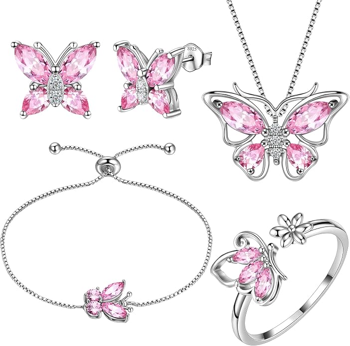 Aurora Tears Butterfly Jewelry,Women 925 Sterling Silver Butterflies Birthstone Pendant Necklace/Earrings/Rings Wedding Gift