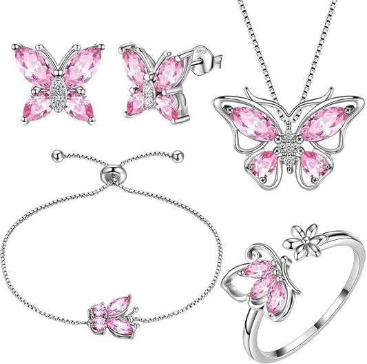 Aurora Tears Butterfly Jewelry,Women 925 Sterling Silver Butterflies Birthstone Pendant Necklace/Earrings/Rings Wedding Gift