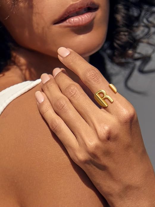 Suplight Nikel Free 18K Gold Plated Letter Rings, Fashion Monogram Jewelry Statement A-Z Wide Name Initial Alphabet Adjustable Open Ring for Women