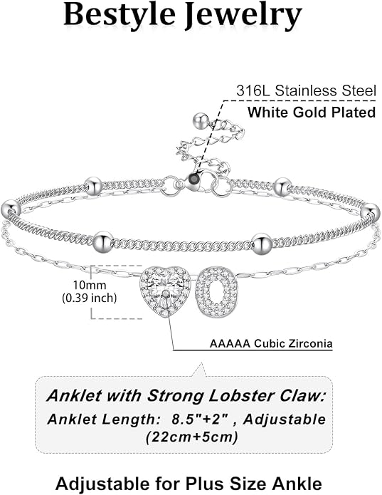 Bestyle Initial Anklet Bracelets for Women Waterproof Non Tarnish 14K Gold/White Gold Plated CZ Anklets for Women Dainty Layered Letter Heart Ankle Bracelets Adjustable Foot Chain Anklet