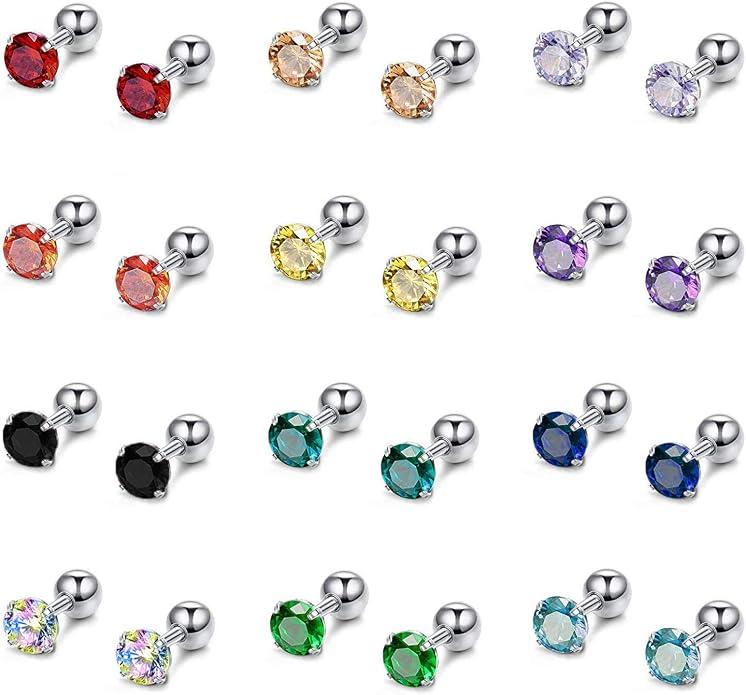 ZS 12 Pairs CZ Ear Stud Mixed Colors Cartilage Earrings Set Stainless Steel Barbell Studs Earrings Helix Tragus Piercing