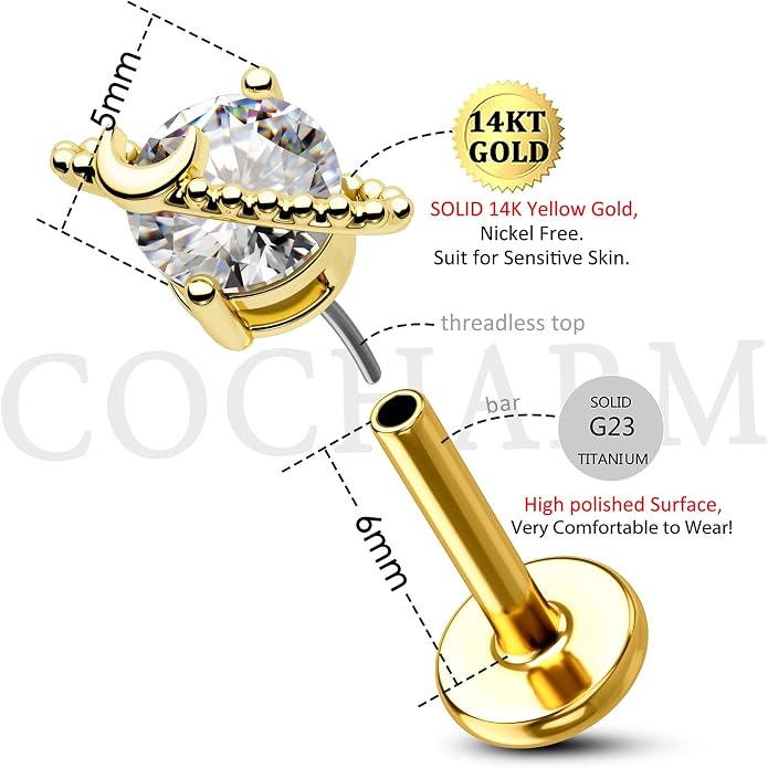 Cocharm 14K Solid Gold Cartilage Earring - Planet Yellow Gold Flat Back Helix Stud, 16g