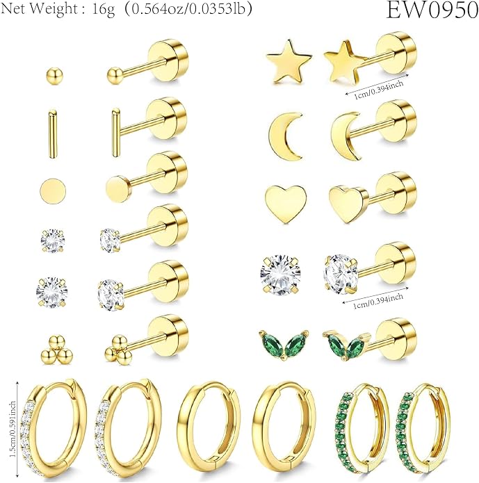 Stainless Steel Stud Earrings Set for Women Hypoallergenic Flat Back Cartilage Earrings Screw Back Huggie Hoop Earrings Multiple Piercing Cubic Zirconia Helix Tragus Jewelry