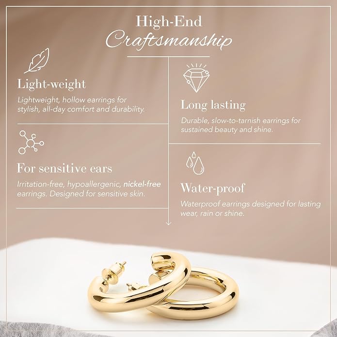 14K Gold-Plated, Lightweight, Open Hoop Earrings For Women